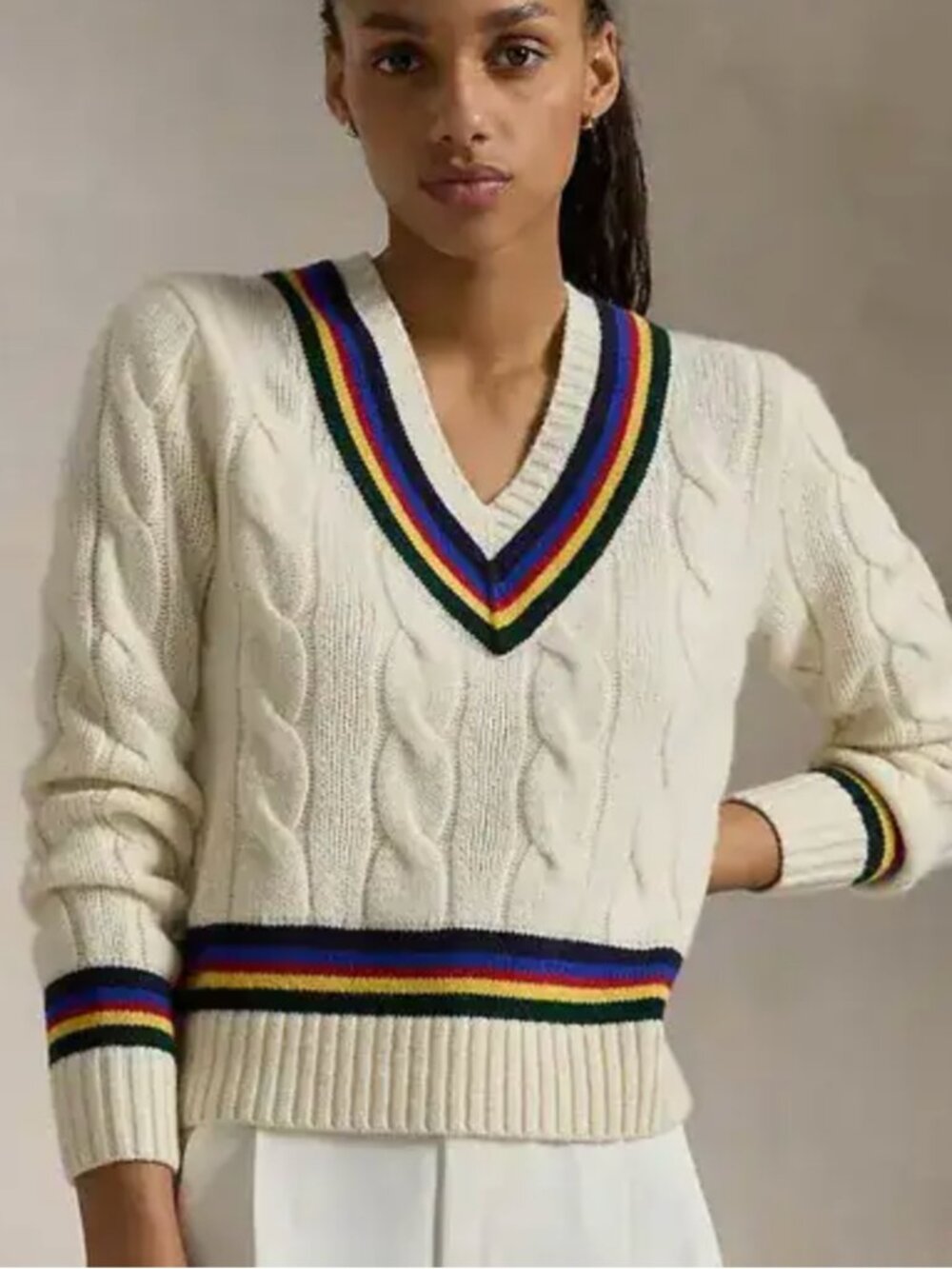 Polo by Ralph Lauren Cream Cable-Knit Cricket V-Neck Sweater Rainbow Stripe NWT